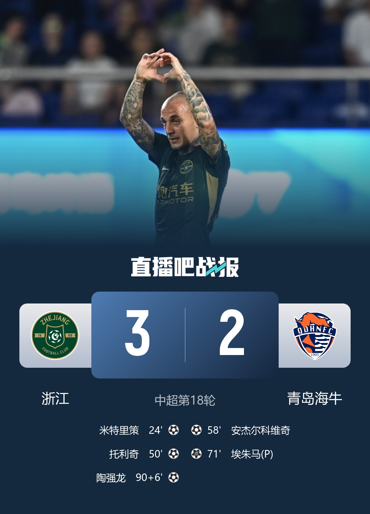 陶强龙替补绝杀 浙江3-2逆转海牛终结两连败