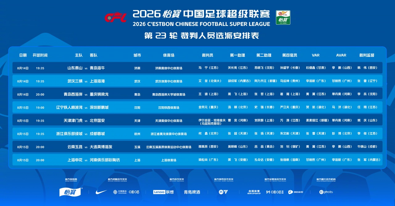 马宁主哨齐鲁德比 坦塔舍夫执法津门虎国安